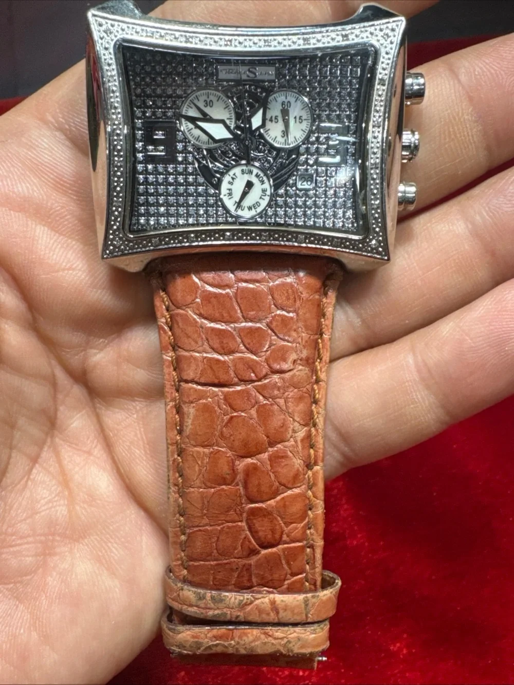 Techno Swiss Diamond Watch Men’s Square Stainless Steel Brown Band Parts Repair